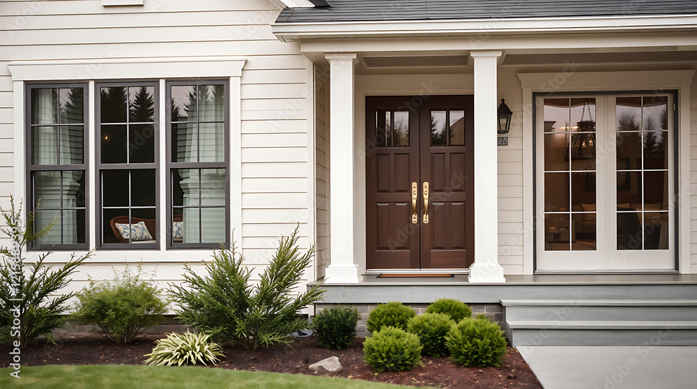 Elegant Home Exterior: Modern Architecture, Landscaping, and Classic Design. View the stunning front door, windows, and charming porch steps. Elegant Home Exterior: Modern Architecture, Landscaping, and Classic Design. View the stunning front door, windows, and charming porch steps.