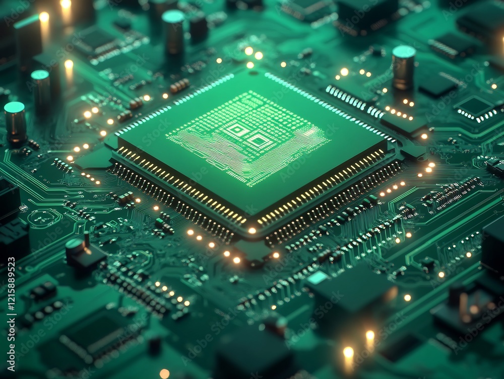Green Circuit Board Gleaming Processor High Tech Digital Closeup. AI Generated Green Circuit Board Gleaming Processor High Tech Digital Closeup. AI Generated