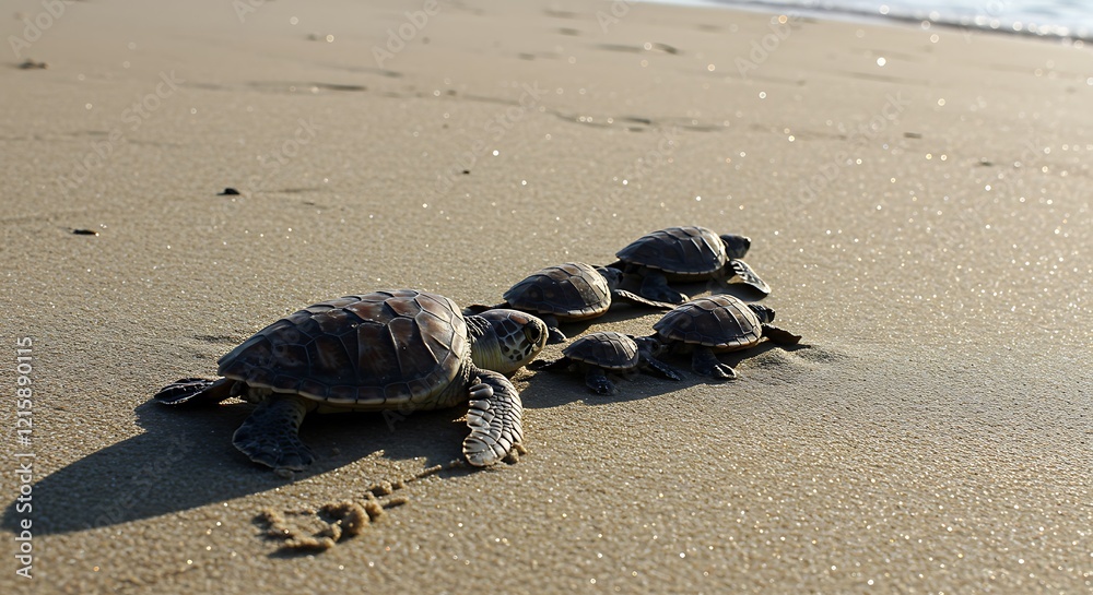 Obraz premium Baby Sea Turtles Crawling on Sandy Beach to Ocean