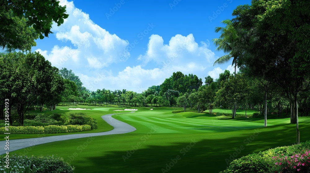 Serene Golf Course Landscape Under Sunny Skies Serene Golf Course Landscape Under Sunny Skies