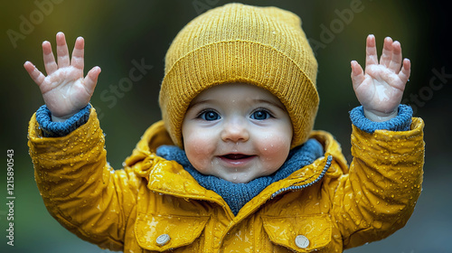 Adorable Baby in Yellow Raincoat Smiling, Happy Child in Autumn photo