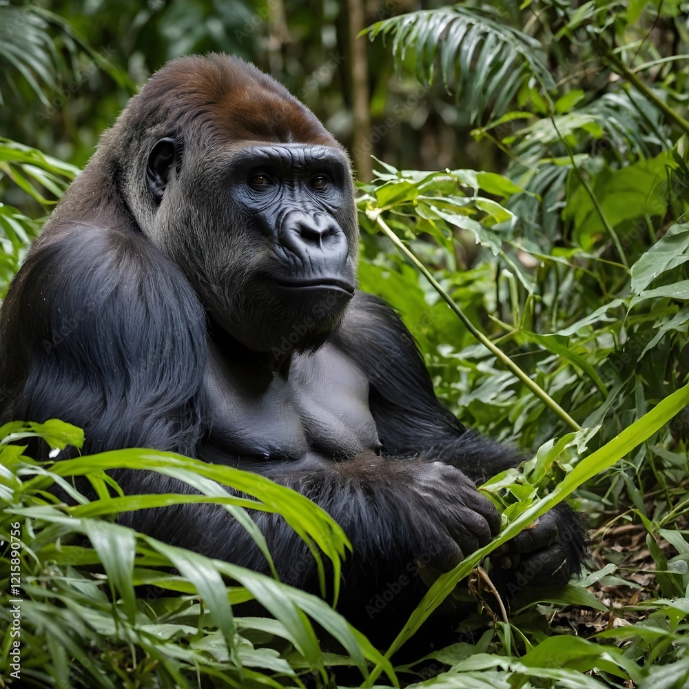 Obraz premium Serenity in the Wild: Cross River Gorilla Taking a Rest in the Forest