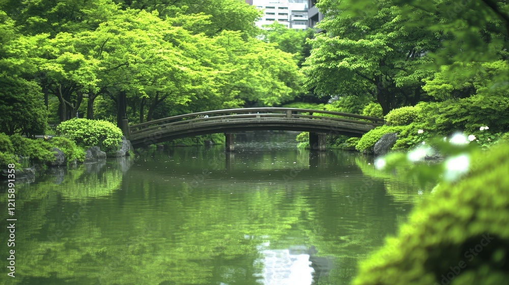 Serene Japanese Garden Bridge and Pond Reflection Serene Japanese Garden Bridge and Pond Reflection