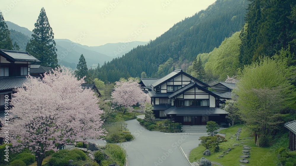 Fototapeta premium Serene Japanese Mountain Village Spring Blossom Houses
