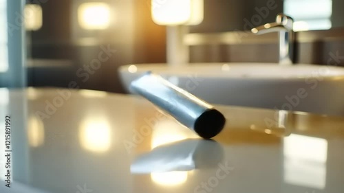 White Sachet on a Bathroom Counter in Soft Lighting