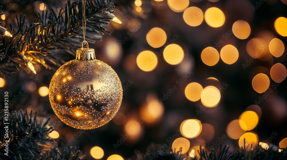 Christmas Banner with Golden Bauble on Tree Branch and Bokeh Lights. Christmas, bauble, golden, tree, ornament, branch, sparkling, lights, bokeh, festive, holiday, season, New Year, winter, decoration