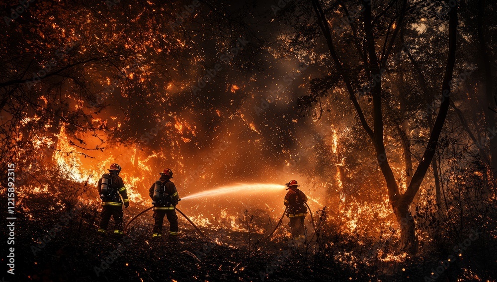Firefighters battle intense wildfire in forest at night. (1)