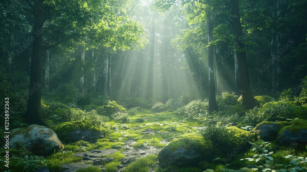 Obraz premium Sunbeams Illuminating a Mystical Forest Path
