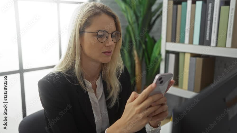 Woman working on smartphone in modern office with bookshelves and large windows, creating a focused, professional atmosphere with natural light accentuating the indoor space. Woman working on smartphone in modern office with bookshelves and large windows, creating a focused, professional atmosphere with natural light accentuating the indoor space.