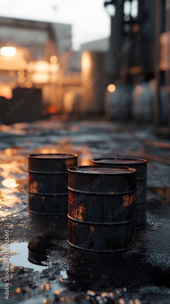 Rusty barrels gleam dimly under warm evening light. AI Generated Rusty barrels gleam dimly under warm evening light. AI Generated