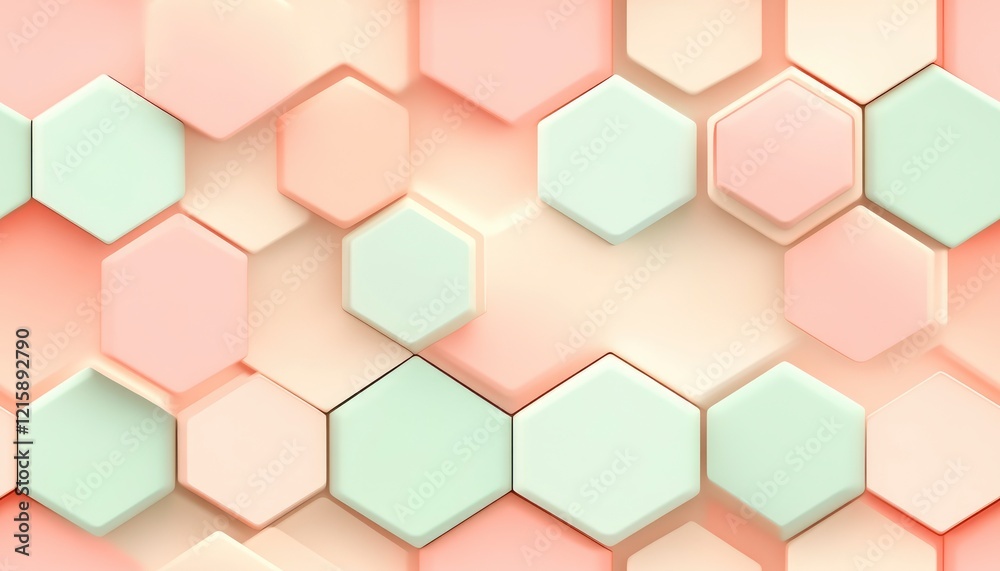 A modern, abstract pattern of hexagonal shapes in soft pastel colors.