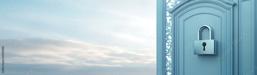 Padlock Securing Door Against Cloudy Sky, Symbol of Safety and Privacy Padlock Securing Door Against Cloudy Sky, Symbol of Safety and Privacy