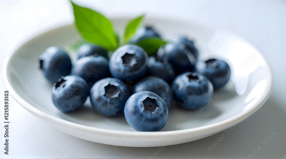 Fresh Blueberries On White Plate Green Leaves Background Fresh Blueberries On White Plate Green Leaves Background