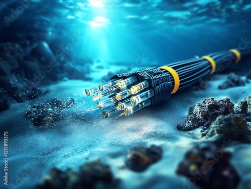 Ocean floor cable glows brightly underwater sunlight illuminates deep sea fiber optic technology. AI Generated photo