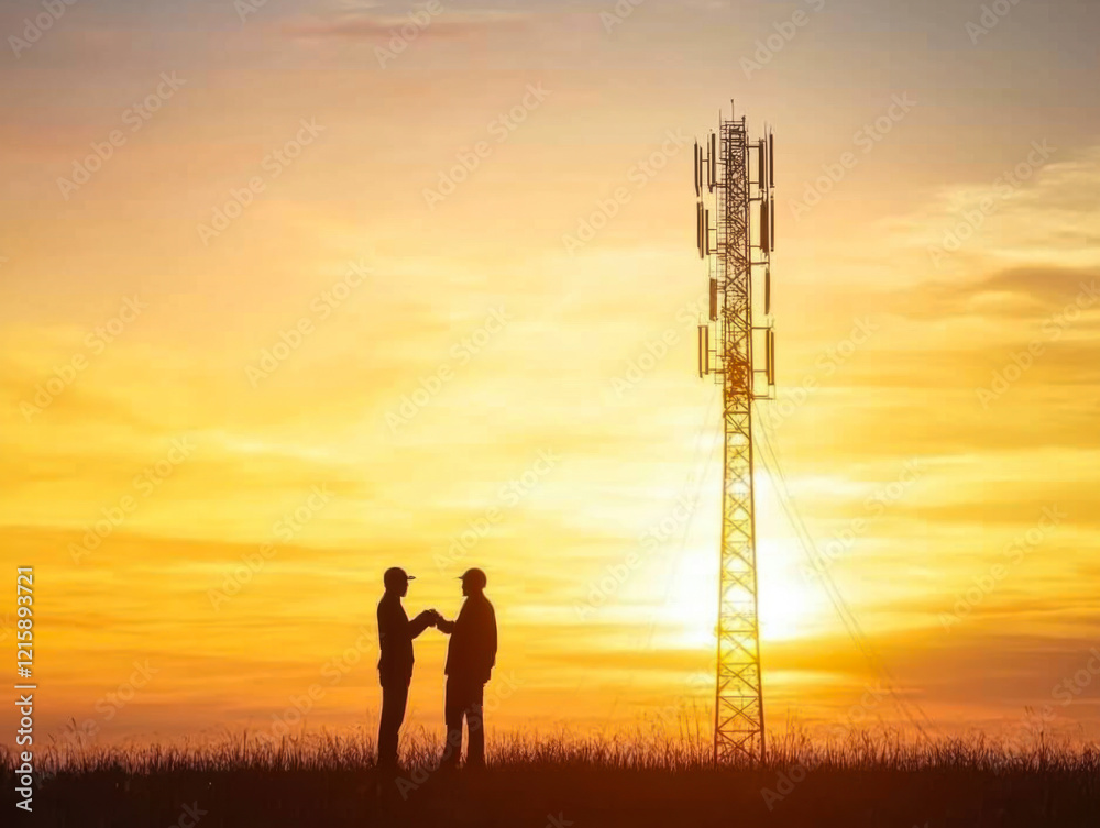 Silhouette Engineer worker man and woman working wearing helmets doing field work telecommunication tower
