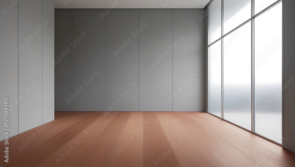 Fototapeta premium Minimalist gray empty room with large window and wooden floor