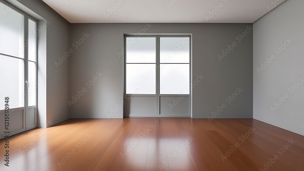 Minimalist gray empty room with large window and wooden floor Minimalist gray empty room with large window and wooden floor