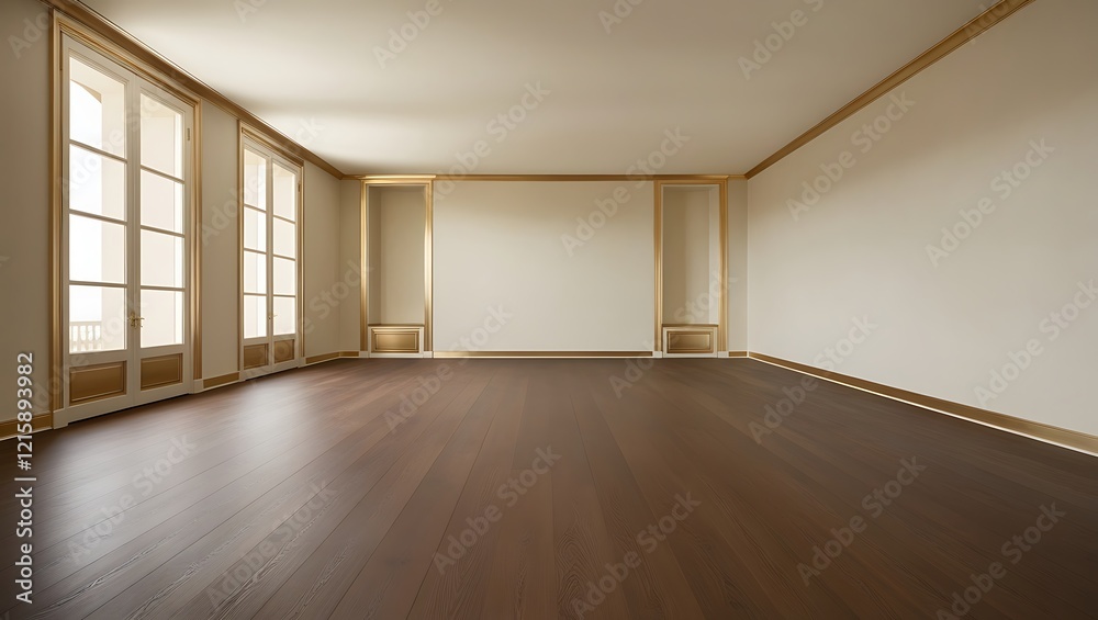 Minimalist gold empty room with large window and wooden floor Minimalist gold empty room with large window and wooden floor