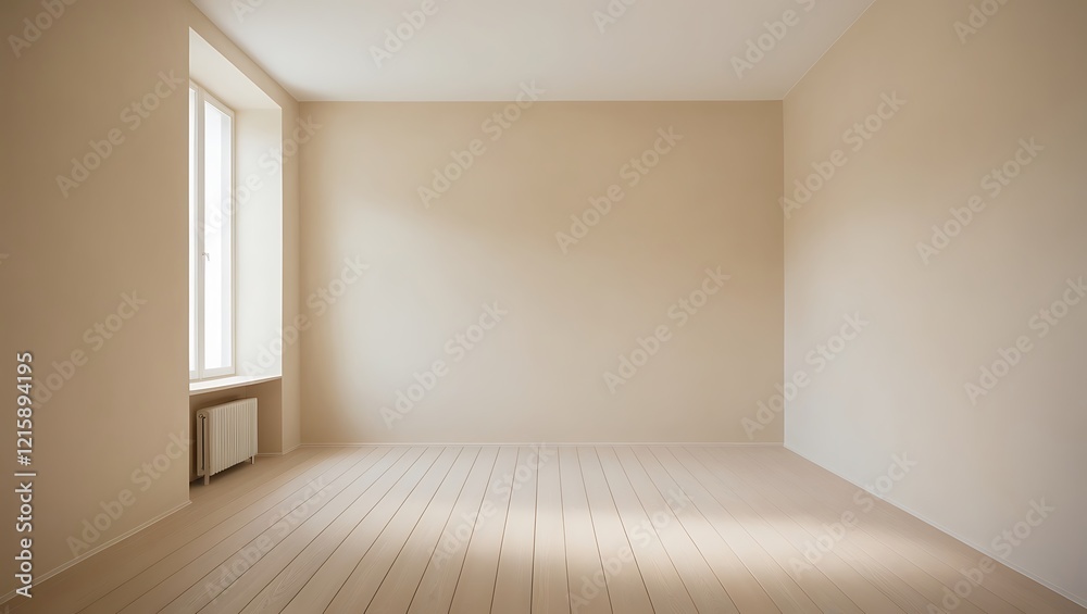 Minimalist beige empty room with large window and wooden floor Minimalist beige empty room with large window and wooden floor