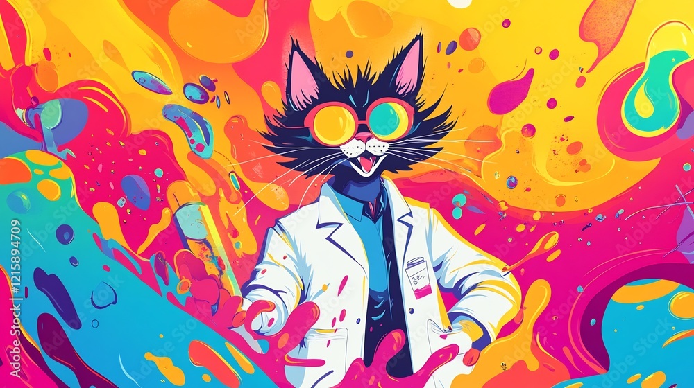 Joyful cat scientist vibrantly splashes color. AI Generated Joyful cat scientist vibrantly splashes color. AI Generated