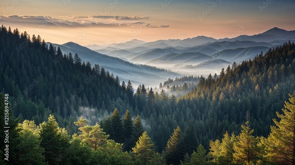 Obraz premium Morning Mountain Landscape with Forest and Pine Trees