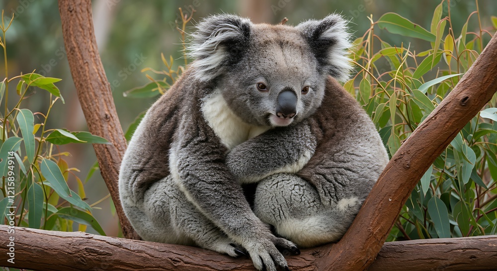 Naklejka premium Adorable Koala Hugging on Eucalyptus Branch