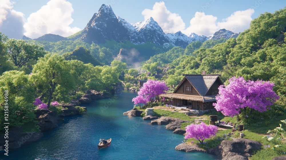 Fototapeta premium Serene Mountain Lake House with Blooming Cherry Trees
