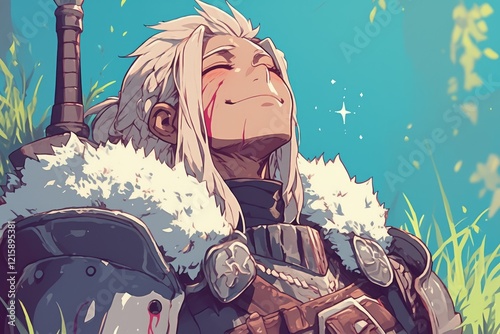 Serene Warrior Rests In Grassland Meadow