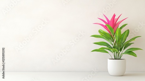 Pink Bromeliad in White Pot Against White Wall