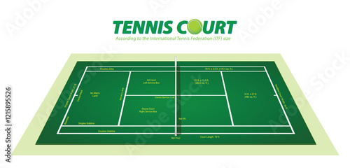 An illustration of 3D visualization of a tennis court layout following the International Tennis Federation (ITF) standard dimensions. The court is clearly labeled with essential areas like the service photo