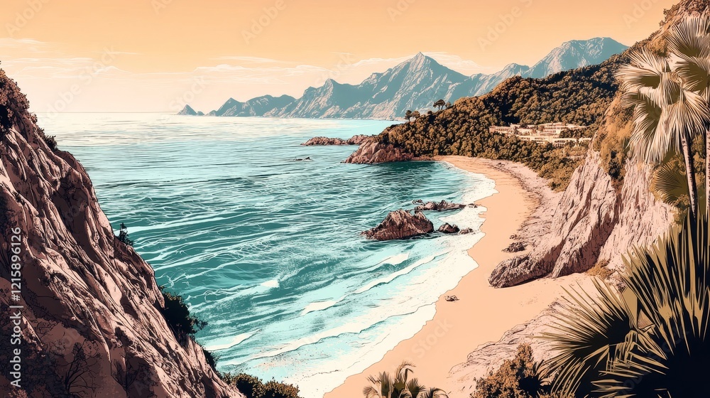 Obraz premium Pixelated Coastal Scene Secluded Cove Between Rugged Cliffs at Sunset