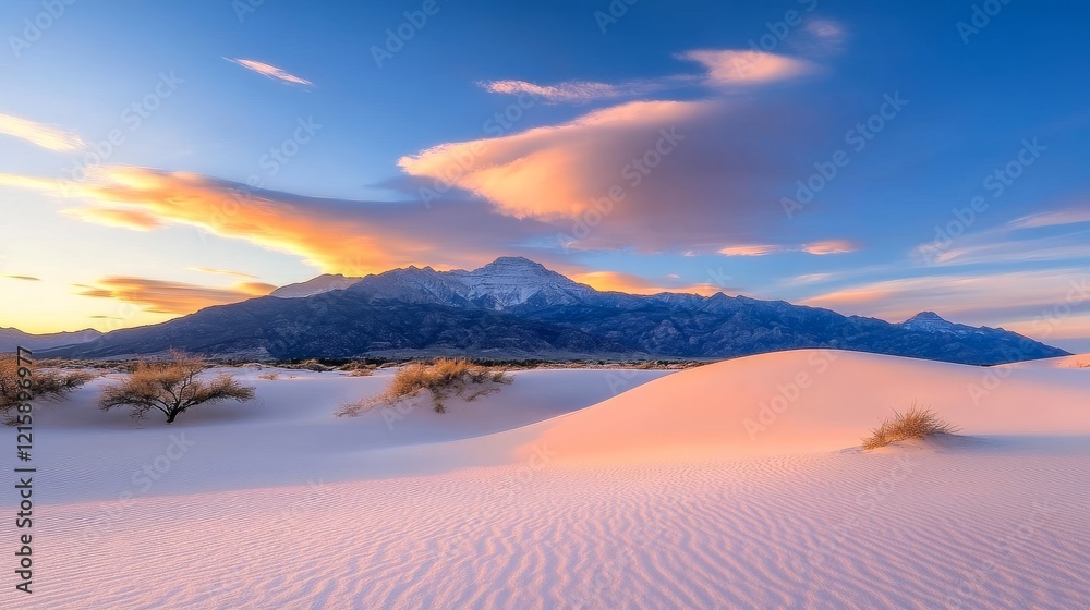 Fototapeta premium White Sands sunset with mountains and cloudscape; desert landscape for travel and nature publications