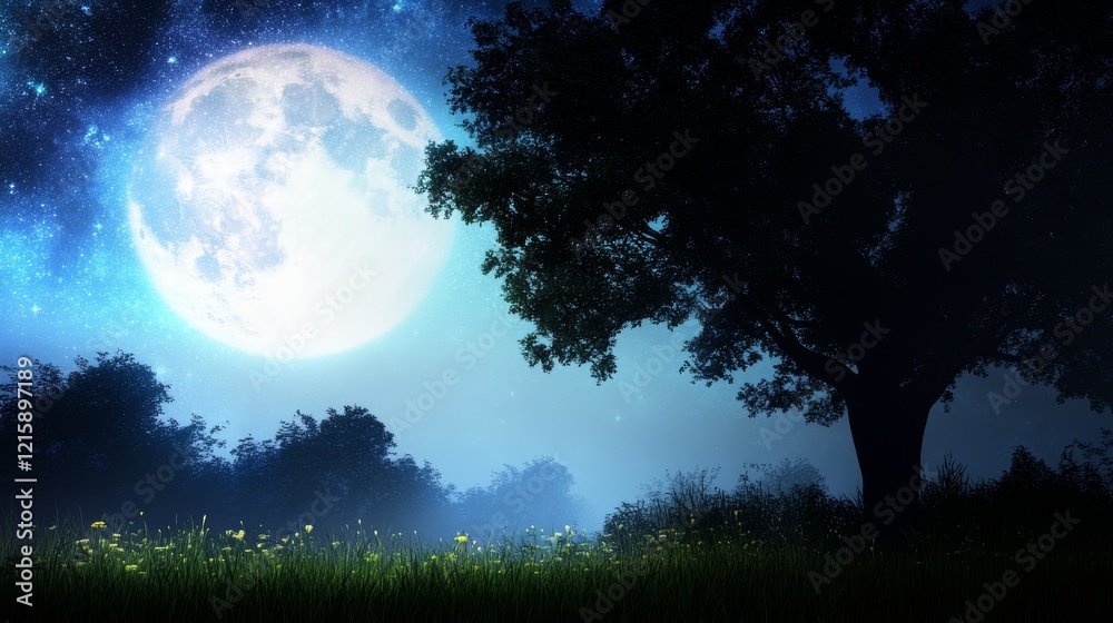 Fototapeta premium Serene Night Scene Full Moon Over Grassland and Tree