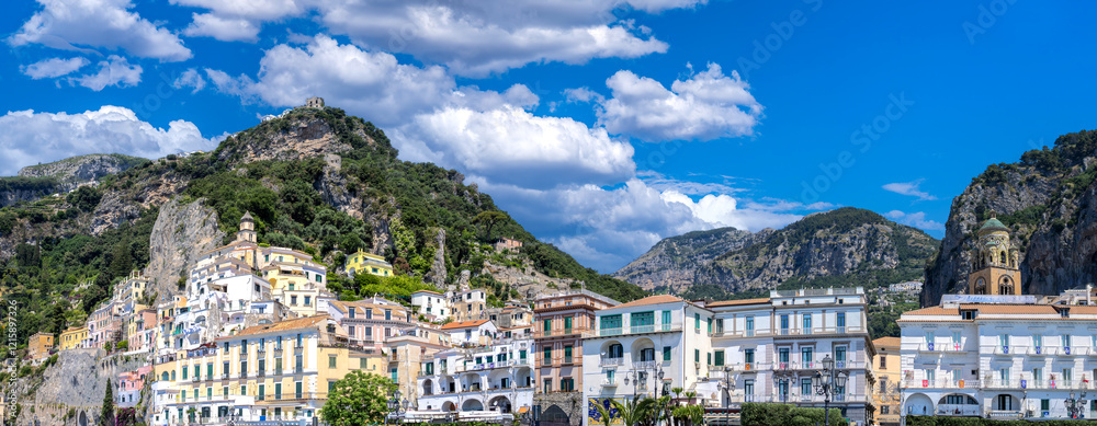 Italy, Amalfi town colorful architecture and Campania Amalfi coast landscapes.