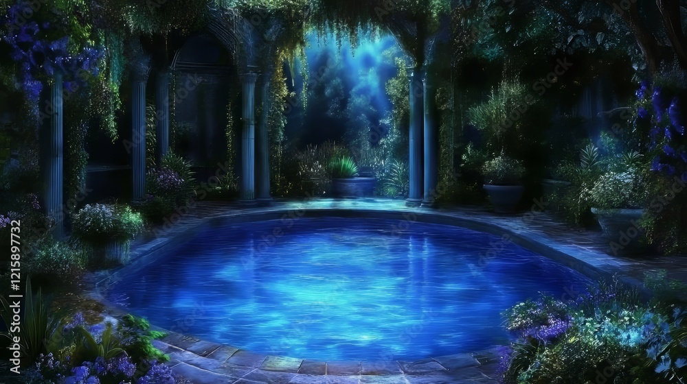 Obraz premium Serene Nighttime Pool in Enchanting Garden Pavilion