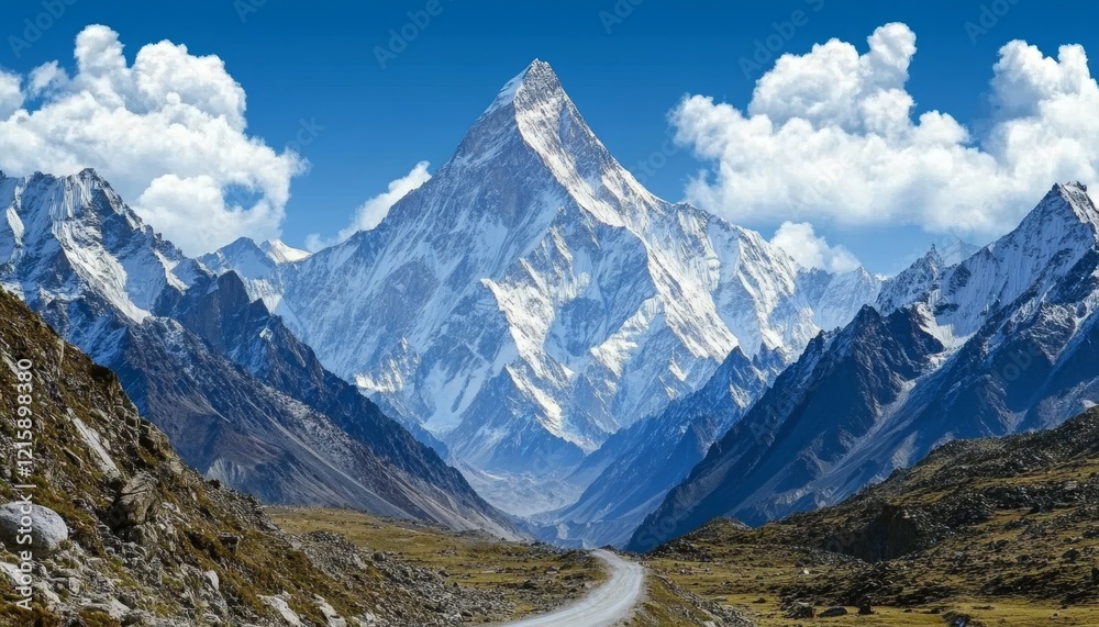 Fototapeta premium Road to K2 through snow‑capped Himalayan peaks and rocky alpine valley