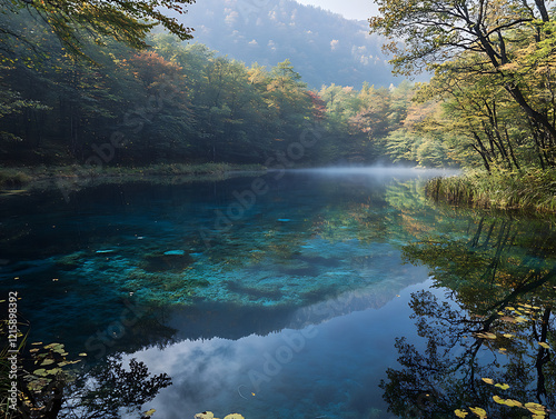 Crystal-clear lake nestled in a forest, vibrant autumn foliage reflected on the water’s surface, fog gently rising