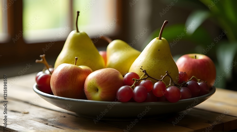 Ripe Yellow Pears Red Apples Grapes Bowl Rustic Setting Ripe Yellow Pears Red Apples Grapes Bowl Rustic Setting