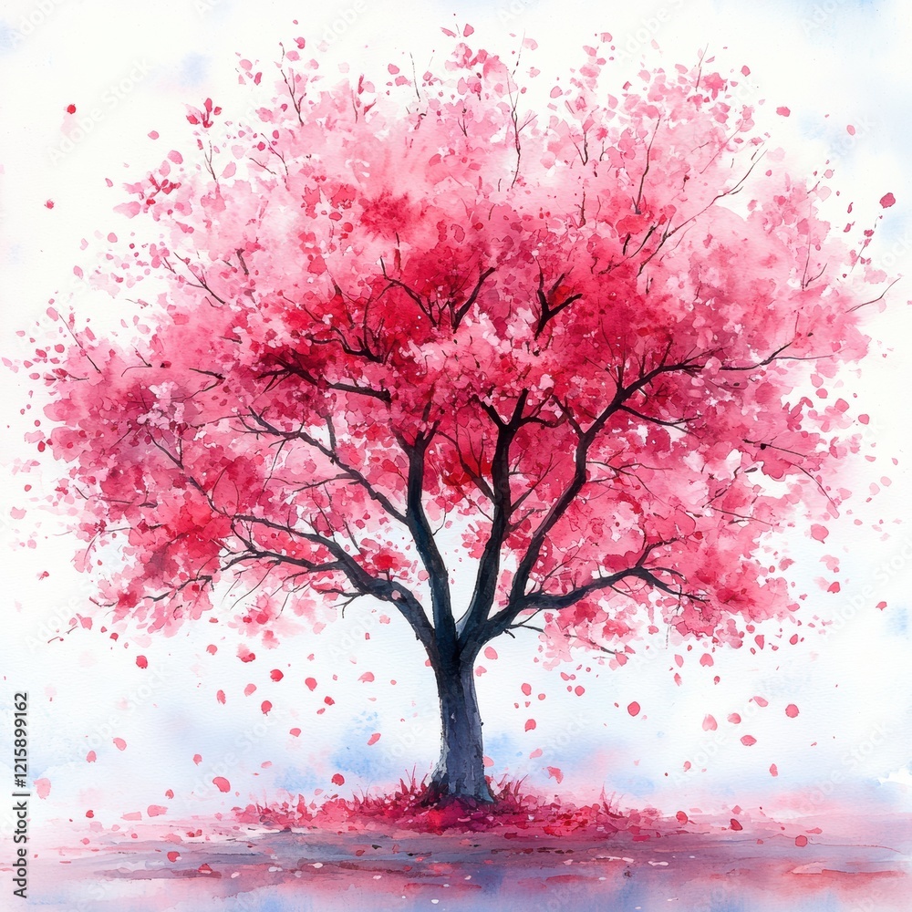 Fototapeta premium Vibrant Cherry Blossom Tree in Full Bloom with Pink Petals Floating