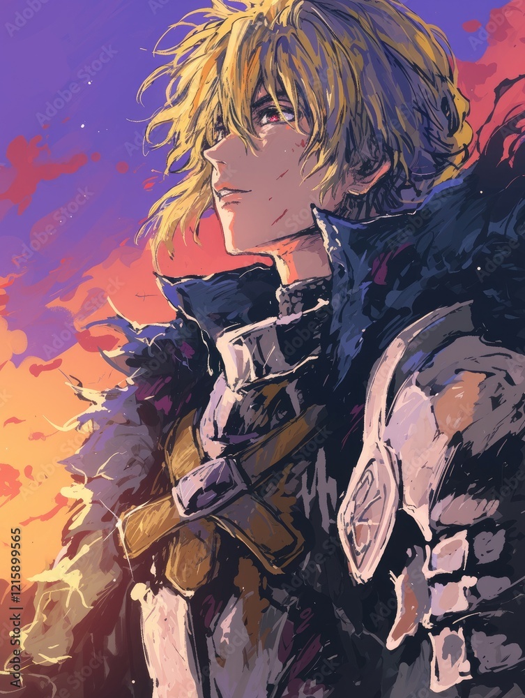 Obraz premium Blonde haired warrior gazes at a sunset sky