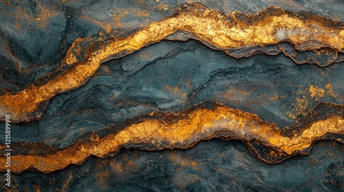 Rusty gold veins in dark layered rock, textured background for design
