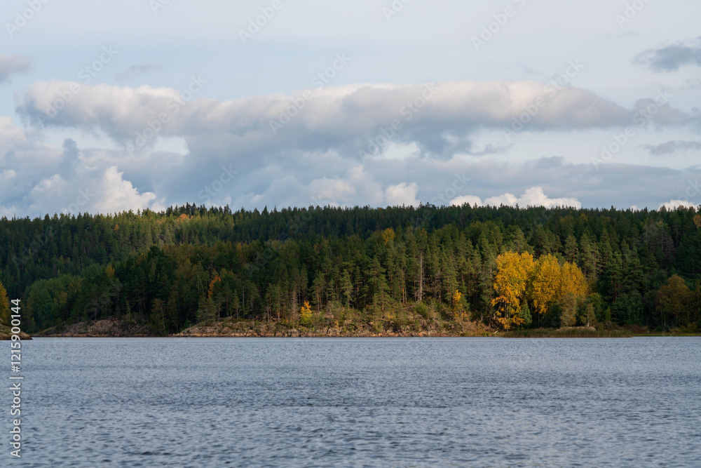 Lake Ladoga near the village Lumivaara on a sunny autumn day, Ladoga skerries, Lakhdenpokhya, Republic of Karelia, Russia Lake Ladoga near the village Lumivaara on a sunny autumn day, Ladoga skerries, Lakhdenpokhya, Republic of Karelia, Russia