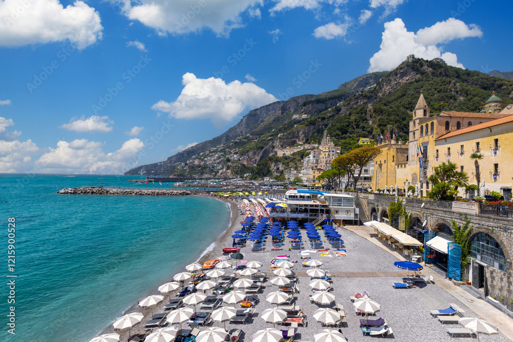 Italy, Amalfi town colorful architecture and Campania Amalfi coast landscapes.