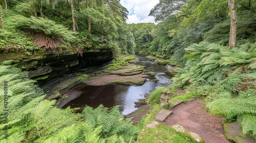 Fototapeta premium Serene River Gorge, Lush Green Ferns, Rocky Banks