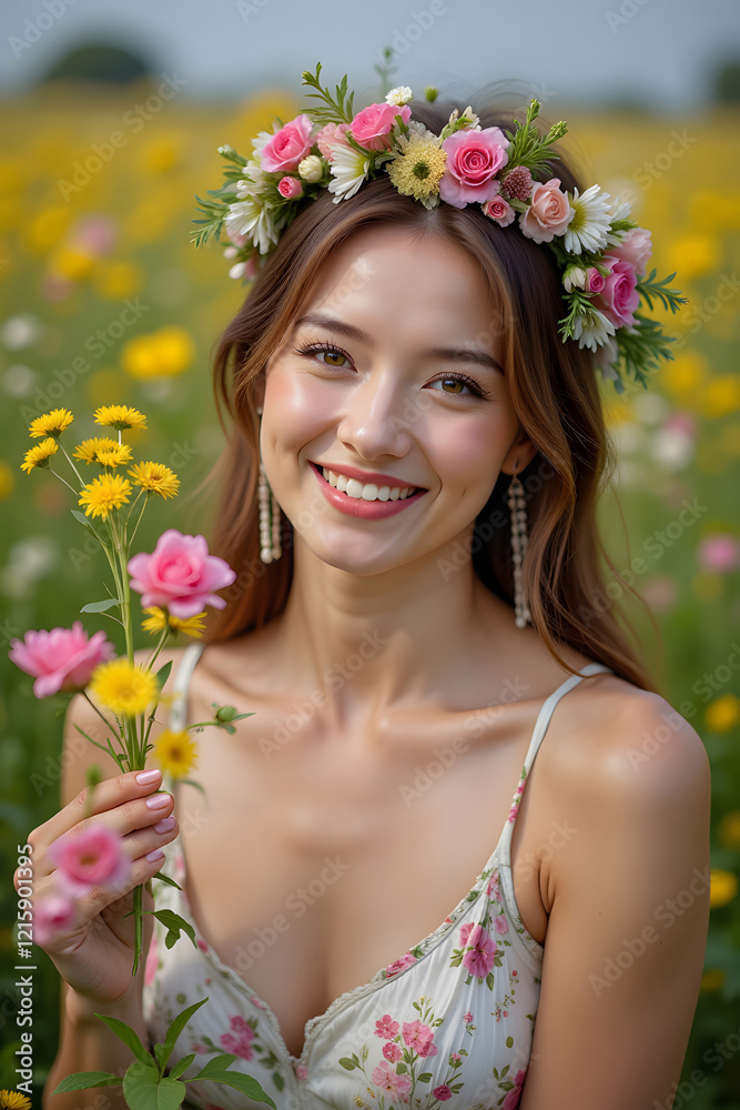 Fototapeta premium Smiling young asian female in flowered dress holding daisies in a vibrant meadow