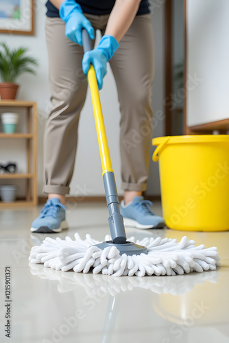 Female cleaning floor with mop in modern home interior
