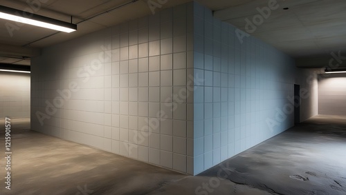 Perspective view on the corner in empty industrial style hall area with blank square printed light grey wall and concrete floor 