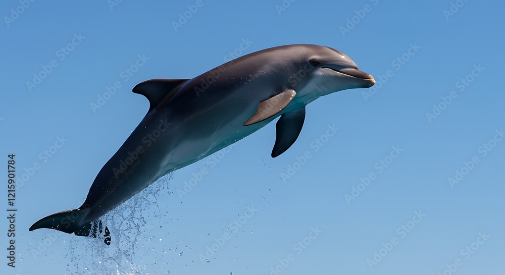 Fototapeta premium Dolphin Leaping High Above Ocean Water Blue Sky