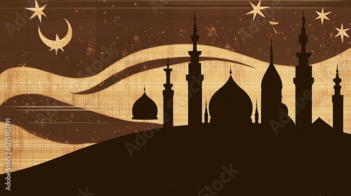 Silhouette Mosques Under Night Sky With Crescent Moon And Stars