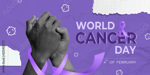 World Cancer Day awareness with hands clasped and purple ribbon on February 4th, vector illustration